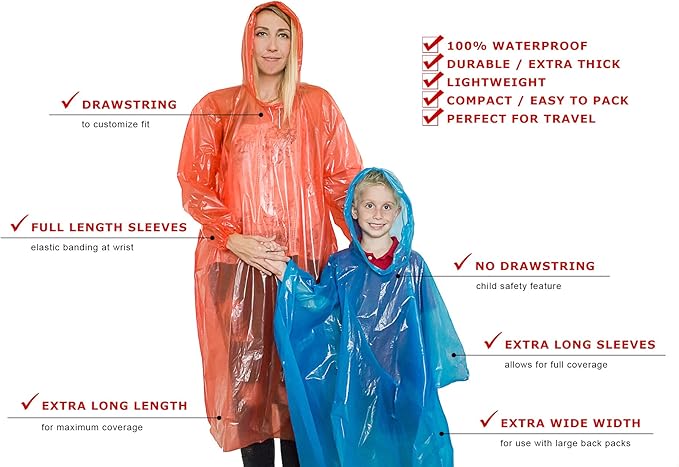 Lingito Rain Ponchos Family Pack - Emergency Drawstring Hood Poncho for Children & Adults Lightweight Reusable or Disposable