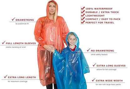 Lingito Rain Ponchos Family Pack - Emergency Drawstring Hood Poncho for Children & Adults Lightweight Reusable or Disposable