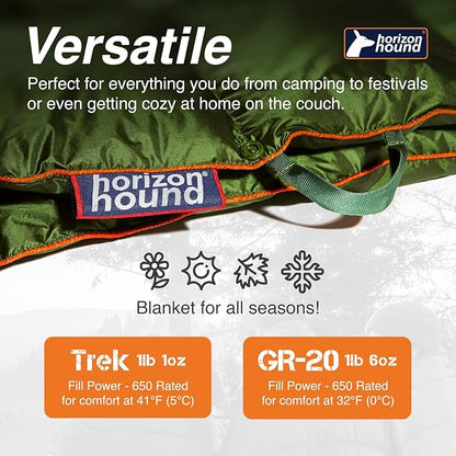 Horizon Hound Down Camping Blanket - Outdoor Travel Blanket | Sustainable Insulated Down | Lightweight & Warm Quilt for Camping, Stadium, Hiking & Festival | Water Resistant, Packable & Compact