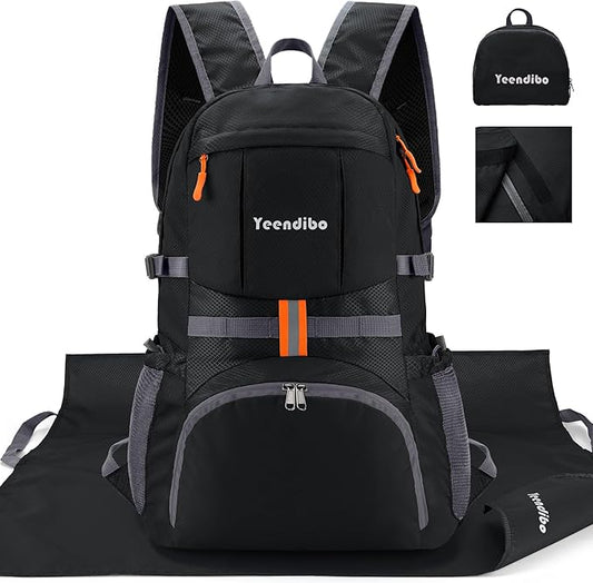33L Waterproof Hiking Backpack with Portable-Rest Station for Camping/Travel/Outdoors, Versatile & Lightweight Foldable Daypack for Men/Women (Black, Waterproof)