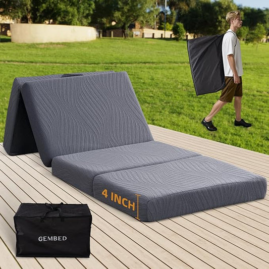 Memory Foam Camping Mattress Pad, 4 Inch Thick Waterproof Foldable Sofa Bed Floor Mattress, Portable Sleeping Pad for Adult, Sleeping Mat for Travel RV Camping Guest Yoga