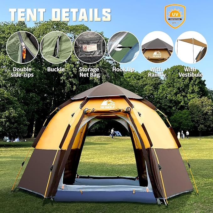 Hewolf 2/3/4 Person Camping Tent - Instant Pop Up Waterproof 2 Doors Tent with Easy Setup | 3-Season Hexagonal Dome Design for Family, Hiking & Traveling