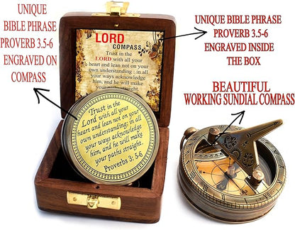 Trust in The Lord With All Your Heart - Proverbs 3:5-6 Quote Engraved Compass With Wooden Box, Greeting Card, Gift Compass, Graduation Day Gifts 2024 for Women Men Boys Girls