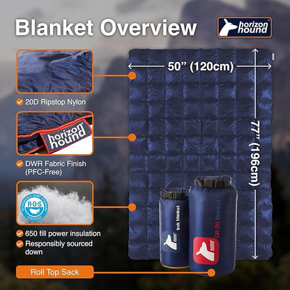 Horizon Hound Down Camping Blanket - Outdoor Travel Quilt | Sustainable, Insulated, Lightweight & Warm Gear for Sleep, Camping, Stadium, Hiking & Festivals | Water Resistant, Packable & Compact