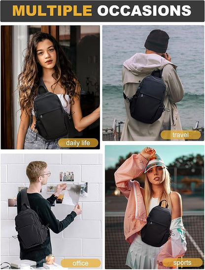 Medium Black Black Sling Bag for Men and Women - Sport Crossbody Backpack for Pickleball, Tennis, Racketball