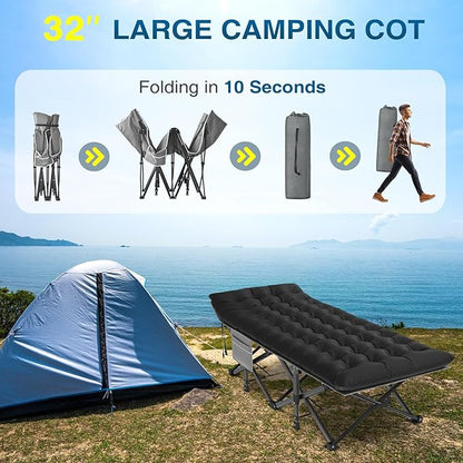 ZENPETIO Oversized XXL Folding Camping Cot, Heavy Duty Sleeping Cot for Adults with Mattress and Pillow, Portable Cot Bed with Carry Bag for Outdoor Camp Travel Home Guest Office, 78x32x18