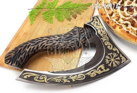 SHINY CRAFTS-Norse Viking Axe Wedding Gifts Camping Axe Berserker Axes-Handmade Viking Pizza Axe Authentic Medieval Pizza Cutter Axe with Carved Handle & Leather Sheath (VBA-27-A)