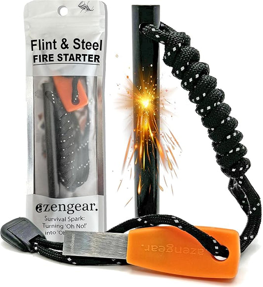 Camping Flint and Steel Fire Starter, 0.4x4in (10x100mm) Ferro Rod, HSS Striker, Paracord, Waterproof Outdoor Survival Kit aZengear
