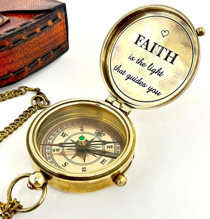 Faith Compass – Inspirational Gift for Men & Boys | Christian Baptism, Communion, Confirmation, or Graduation Present | “Faith is The Light That Guides You” Engraved | Leather Box