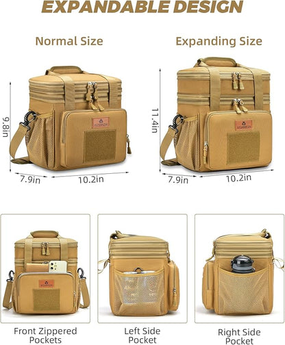HSHRISH Expandable Large Tactical Lunch Box for Adults, Double Deck Durable Insulated Lunch Bag, Leakproof Cooler Bag Lunch Pail for Men Work Outdoor Picnic Trips, 24Cans/15L(Brown)