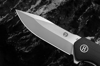 Holtzman's Gorilla Survival Folding Knife D2 Steel Blade G10 Handle Pocket Knife EDC Giftset for Men and Women (half stonewashed half silver blade + black handle)