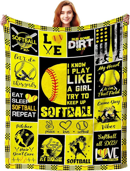 Softball Blanket Gifts for Girls Women Men Team,Soft Cozy Sport Softball Blankets and Throws Bed Bedding Outdoor,Funny Softball Gifts for Kids Boys Softball Lovers 80"x60"
