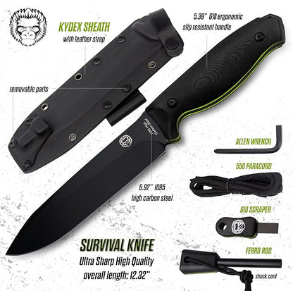 Holtzman's Gorilla Survival 'Fireline' Fixed Blade Hunting Knife with Sheath, Fire Starter Scraper & Paracord (Green)