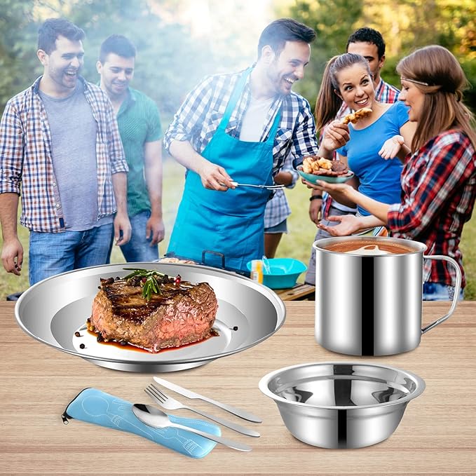 Outdoor Camping Mess Kit, Stainless Steel Tableware Mess Kit includes Plate Bowl Cup Spoon Fork Knife in Mesh Bags for Camping Backpacking & Hiking for 4 Person