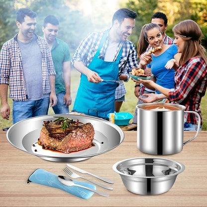 Outdoor Camping Mess Kit, Stainless Steel Tableware Mess Kit includes Plate Bowl Cup Spoon Fork Knife in Mesh Bags for Camping Backpacking & Hiking for 4 Person