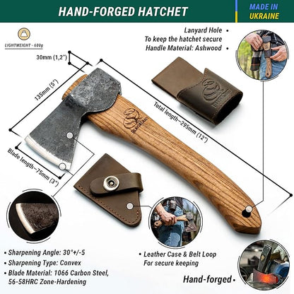 BeaverCraft Hand Forged Hatchet Axe with Sheath AX1 - Bushcraft Hatchet Camping Small Forest Axe Survival Hatchet Carving Axe for Chopping Wood - Camp Splitting Axe Gardening Axes Wood Cutting Axe