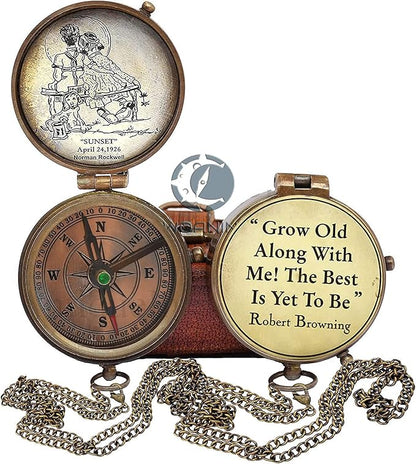 Grow Old Along with me Engraved Compass with Norman Rockwell Sunset Engraving, Valentine Gift, Birthday, Long Distance, Love, Sorry, Keepsakes, Old Memories