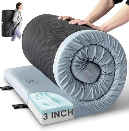 Kingfun Memory Foam Camping Sleeping Pad, CertiPUR-US Camping Mattress Waterproof Roll Up Mattress Guest Bed, Thick Floor Sleeping Mat for Car Truck Tent for Adults with Travel Bag