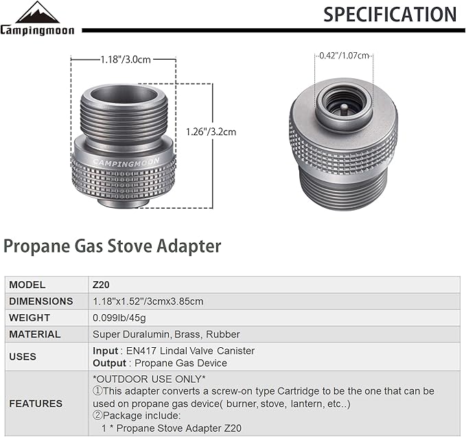 CAMPINGMOON Camping Grill Propane Gas Stove Adapter, Input: EN417 Lindal Valve Canister, Output: Propane Gas Stove Z20