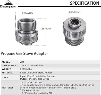 CAMPINGMOON Camping Grill Propane Gas Stove Adapter, Input: EN417 Lindal Valve Canister, Output: Propane Gas Stove Z20