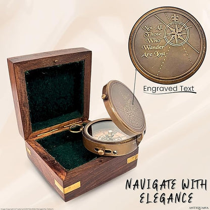 Authentic Antique Compass Presented in Artisan Wooden Box - A Treasure for Adventurers Navigate with Heritage and Class, 2 inch