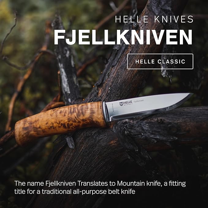 HELLE Knives - Fjellkniven - Fixed Blade - Classic Knife - Birch Wood Handle - 12C27 Stainless Steel - Made in Norway