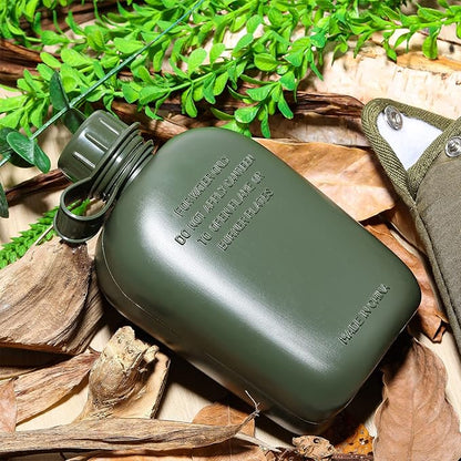 1 Quart Plastic Canteen Military Canteen Portable Military Water Bottle with Bottle Pouch Cotton Cover Bag and Waist Belt for Backpacking Hiking Camping Climbing Outdoor Activities