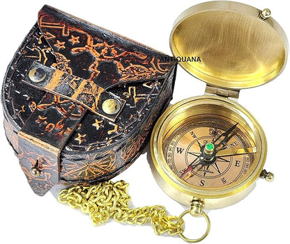 Brass Compass Unique Print ' Happy Anniversary ' Engraved Compass with Leather Case and Chain A Great Gift Item for Your Loved One