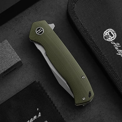 Holtzman's Gorilla Survival Folding Knife D2 Steel Blade G10 Handle Pocket Knife EDC Giftset for Men and Women (half stonewashed half silver blade + green handle (LM042))
