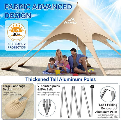 Beach Tent Sun Shelter & Portable Beach Canopy UPF 80+ UV Protection, Beach Shade Canopy with 6 Sandbags, Sand Shovel Ground Pegs for Outdoor Camping, Picnics (Beige,12x12FT)