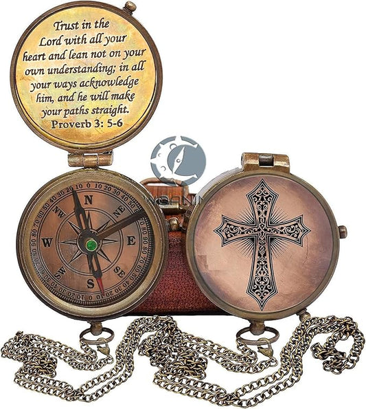 Trust in The Lord with All Your Heart -Proverbs 3: 5-6 Quote Engraved Compass with Leather Box, Compass Gift, 2023 Graduation Day Gifts- Baptism Gifts Compass