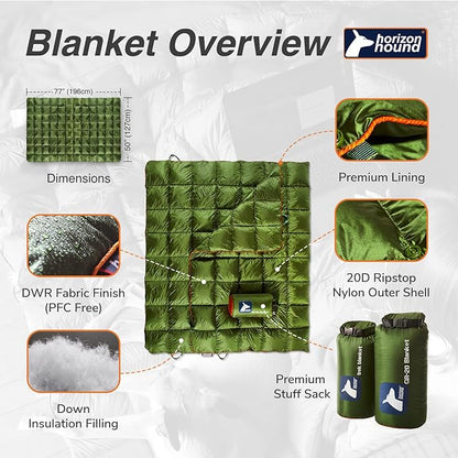 Horizon Hound Down Camping Blanket - Outdoor Travel Blanket | Sustainable Insulated Down | Lightweight & Warm Quilt for Camping, Stadium, Hiking & Festival | Water Resistant, Packable & Compact