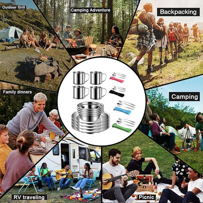 Outdoor Camping Mess Kit, Stainless Steel Tableware Mess Kit includes Plate Bowl Cup Spoon Fork Knife in Mesh Bags for Camping Backpacking & Hiking for 4 Person