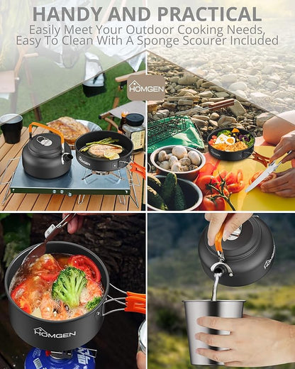 HOMGEN Camping Cooking Set Camping Pots and Pans Set Aluminium Camping Cookware Kit Protable Cooking Mess Kit Lightweight Camping Cooking Equipment for 2-3 People Perfect for Camping Picnic Hiking etc