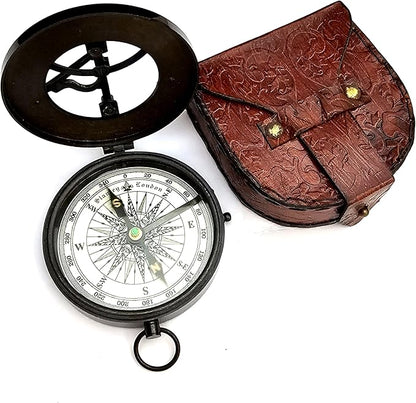 Nautical Camping Hiking Handmade Direction Compass Antique Brass Sundial Style Compass with Leather Case Gifts for Graduation, Baptism, Confirmation Boys, Girls