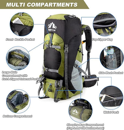 Night Cat Hiking Backpacks 70L Camping Backpacking Packs for Men Women Lightweight Outdoor for Mountaineering Traveling, No Internal Frame