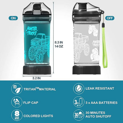 YuanDian 3D Glowing Water Bottle with 3D Monster Truck Design- 14 OZ Tritan BPA Free - Cool Drinking Cups Gift for School Kids Boy Girl Child Christmas Holiday