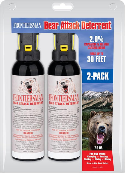 SABRE Frontiersman 7.9 fl oz. Bear Spray, Maximum Strength 2.0% Major Capsaicinoids, Powerful 30 ft. Range Bear Deterrent, Outdoor Camping & Hiking Protection, Quick Draw Holster & Multipack Options
