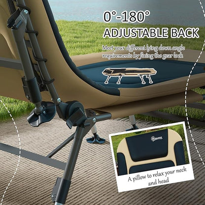 Outsunny Camping Cot for Adults, Folding Bed with Soft Padded Cushions & Headrest, 180° Adjustable Reclining Lounger, Heavy Duty and Portable with a 400 lbs. Capacity, Cream White