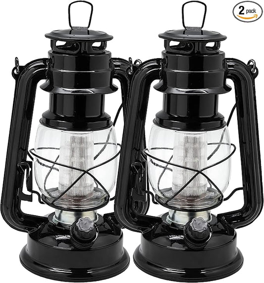 YAKii LED Vintage Lantern Metal Hanging Hurricane Lantern 12 LED Dimmer Switch Warm White Battery Operated Lantern Power Outage Indoor Camping Lighting Outdoor Brooklyn Lantern (Black 2 Pack)