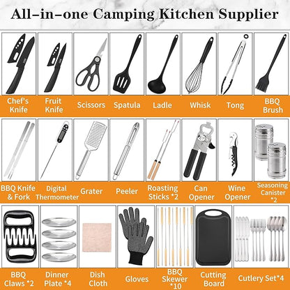 Camping Essentials Cookware Cooking Utensils Set - Camping Kitchen Utensils, Portable Outdoor Accessories, Stainless Steel & Silicone, Camping Gear Equipment for RV Picnic Grill