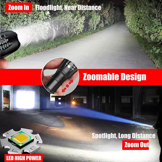 Waterproof Tactical Flashlight, 3000 Lumens LED Flashlights, 5 Modes, Zoomable, Powerful Handheld Flashlights for Outdoor Camping Hiking, Mini Flashlights for Home Emergency (1 Pack)