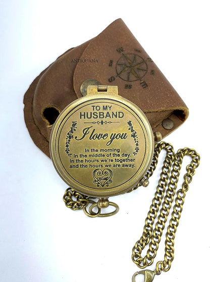 Brass Compass Unique Print To My Husband Compass With Leather Case Antique Brass Compass With Chain A Great Gift Item For Your Loved Ones Hikers And Traveler By