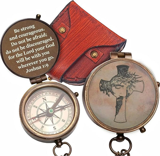 Be Strong and Courageous Brass Religious Compass Gift Confirmation Baptism Easter Christian Catholic Graduation Trekking Adventure Engraved Scripture Prayer Gift for Men Women Teenage Boys Girls