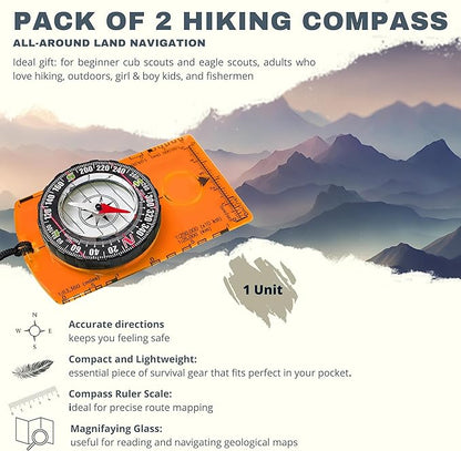 Pack of 2 Orienteering Compass Hiking-Compasses boy Scout Kids- Magnetic Gear Set Navigation map- Brujulas orientacion-Backpacking Camping Hunting Survival.