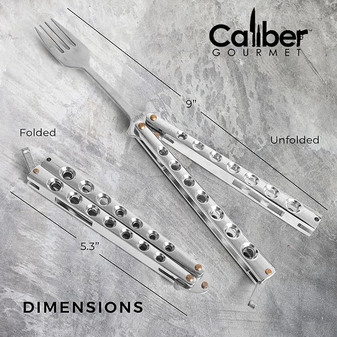 Caliber Gourmet Tactical Butterfly knife style Fork-Folding Stainless Steel Camping Hiking BBQ Grill Picnic Flatware Utensil