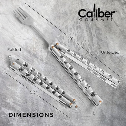 Caliber Gourmet Tactical Butterfly knife style Fork-Folding Stainless Steel Camping Hiking BBQ Grill Picnic Flatware Utensil