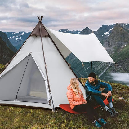 Waterproof 3-4 Person Camping Tent with Awning, Pyramid Teepee Tents for Family, 3 Season Anti-UV Weatherproof, Roomy Tipi Tent for Family Camping, Outdoor, Backpacking, Hiking