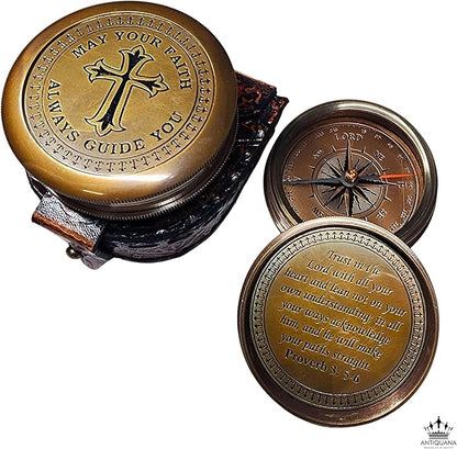 Trust in The Lord with All Your Heart - Proverbs 3:5-6 Quote Engraved Compass with Wooden Box or Leather case, Greeting Card, Gift Compass, Graduation Day Gifts 2025 for Women Men Boys Girls