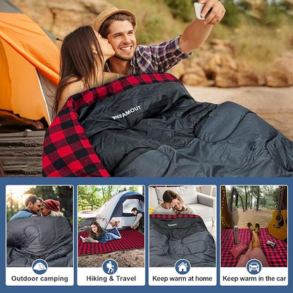 Cotton Flannel Double Sleeping Bag for Adults Machine Washable 2 Person Camping Sleeping Bag Queen Size Waterproof with Compression Sack for Cold Weather 3-4 Seasons